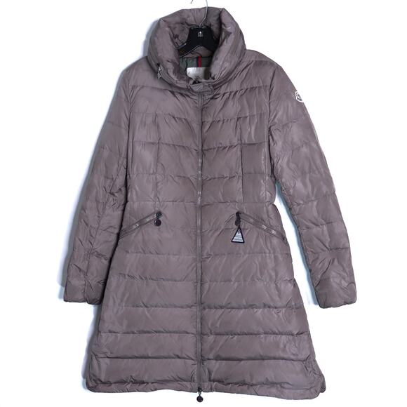 MONCLER Flamme Giubbotto Long Down Jacket Taupe Parka Stowable Hood Women's 3/L - Picture 2 of 16